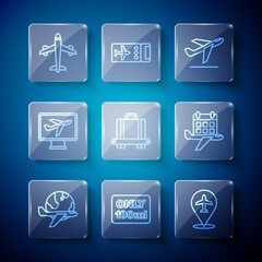 Set line Globe with flying plane, Liquids carry-on baggage, Plane, takeoff, Conveyor belt suitcase, and Calendar and airplane icon. Vector