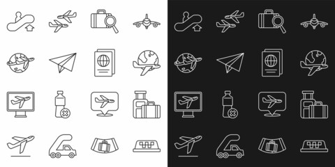 Set line Taxi car roof, Suitcase, Globe with flying plane, Lost baggage, Paper airplane, Escalator up and Passport icon. Vector