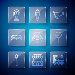 Set line Magic wand, Ticket box office, Toy train, Cannon, Attraction carousel, Jumping trampoline, and Lollipop icon. Vector
