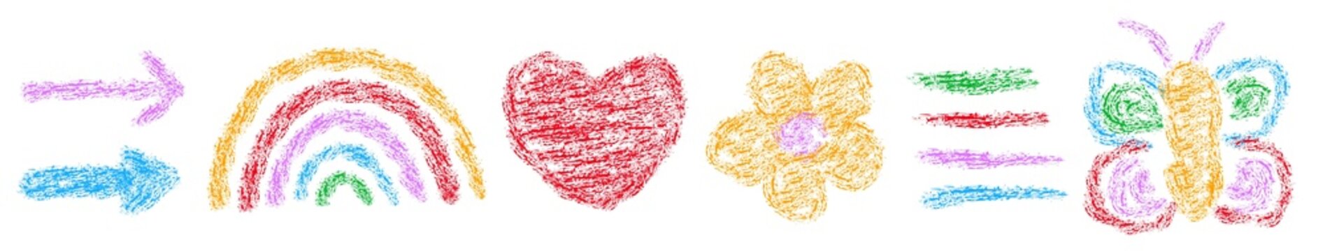 Set of elements drawing by crayon. Childlike picture of rainbow and butterfly
