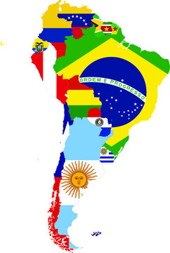 Map of the continent of South America with states with national flags