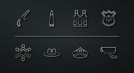 Set line Police rubber baton, Hexagram sheriff, badge, cap with cockade, Sheriff hat, Bullet, Security camera and Bulletproof vest icon. Vector