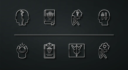 Set line Bipolar disorder, Anger, Solution to the problem, Rorschach test, Psychology, Psi, book,, Head with heart and question mark icon. Vector