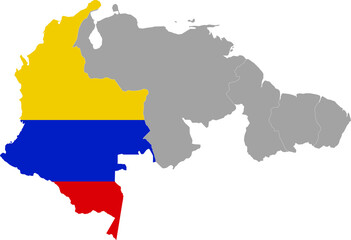 Map of Colombia with national flag within the gray map of the northern region of South America