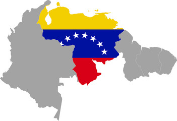 Map of Venezuela with national flag within the gray map of the northern region of South America