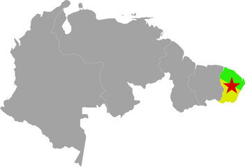 Map of French Guiana with national flag within the gray map of the northern region of South America