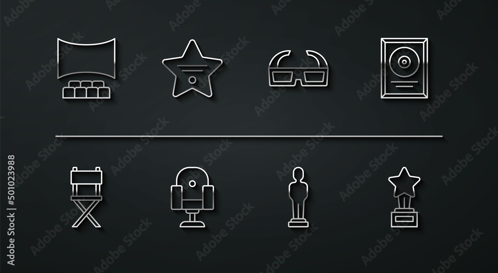 Sticker Set line Cinema auditorium with screen, Director movie chair, CD disk award frame, Movie trophy, Walk of fame star, and 3D cinema glasses icon. Vector