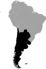 Black Map of the countries of the southern region of South America within the gray map of the South American continent
