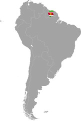 Map of Suriname with national flag within the gray map of South American continent