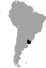 Black Map of Uruguay within the gray map of South American continent