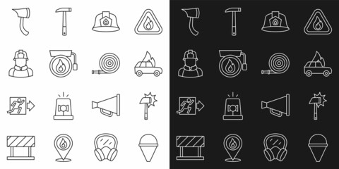 Set line Fire cone bucket, Firefighter axe, Burning car, helmet, Ringing alarm bell, and hose reel icon. Vector