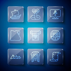 Set line Egypt pyramids, Egyptian pharaoh, Papyrus scroll, Cross ankh, Eye of Horus on papyrus, Map, ship and icon. Vector