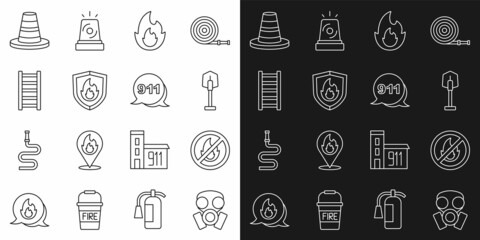 Set line Gas mask, No fire, Fire shovel, flame, protection shield, escape, Traffic cone and Emergency call 911 icon. Vector