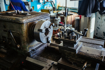 Fototapeta premium Lathe in the workshop, close up view