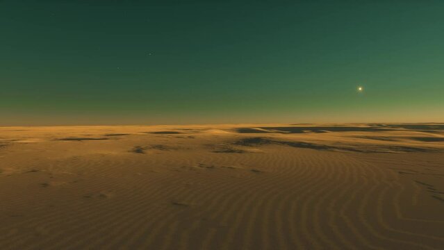 Cinematic flight along a rocky exoplanet with desert-like features in the Milky Way during sunset