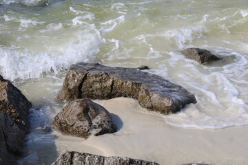 Waves Splashing On Shore Rocks. 