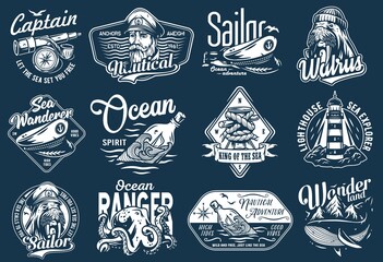 Nautical marine sailor prints, captain cap and bollard, sea ship wanderer, ocean spirit, seafarer walrus