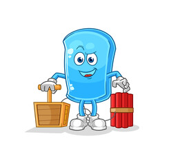 ski board holding dynamite detonator. cartoon mascot vector