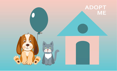 Adopt a pet. Help the homeless animals find a home. Cartoon vector illustration.