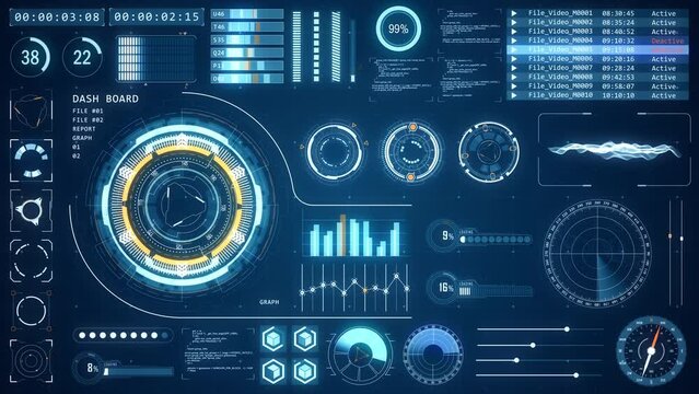 Motion graphic of Blue head up display ( HUD UI ) technology interface screen with futuristic elements graph and chat panel abstract background