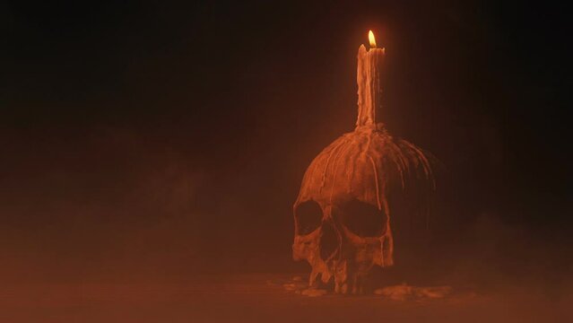 Candle On Skull In Smoky Atmosphere