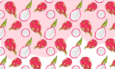 Seamless abstract pattern with dragon fruit slices.Pink tropical fruit - pitahaya. Realistic vector illustration