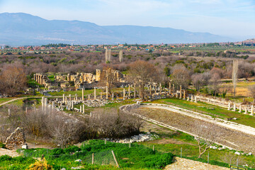 Fototapeta na wymiar Ruins of South Agora with unique huge pool surrounded by Ionic colonnades amidst park in ancient Hellenistic city of Aphrodisias, Aydin province, Turkey