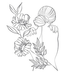 Wild Flowers' surreal faces Continuous line, drawing of set faces and hairstyles, fashion concept, woman's beauty, minimalist, pretty sexy. Yourself self care
