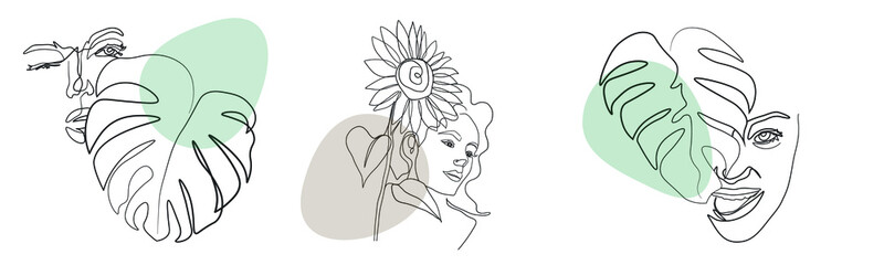 Wild Flowers' surreal faces Continuous line, drawing of set faces and hairstyles, fashion concept, woman's beauty, minimalist, pretty sexy. Yourself self care