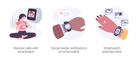 Smartwatch online communication isolated cartoon vector illustrations set.