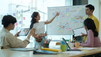 Successful business team brainstorming on new project in modern start up office.