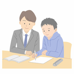 勉強をする男子学生と勉強を教える男性教師