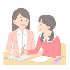 Fototapeta premium 勉強をする女子学生と勉強を教える女性教師