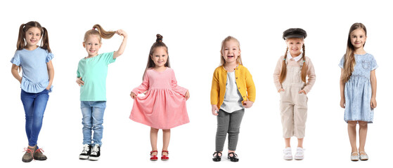 Set of stylish little girls isolated on white