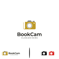 book camera logo design on isolated background, camera combine with book logo modern concept