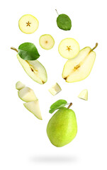 Falling ripe green pears and pieces isolated on white