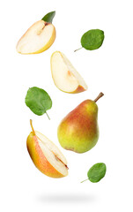 Falling ripe pears and leaves isolated on white