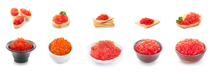 Set of delicious red caviar on white background