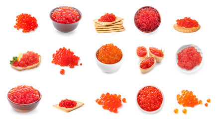 Set of delicious red caviar on white background