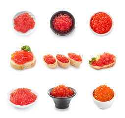 Naklejka na ściany i meble Set of delicious red caviar on white background