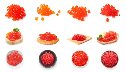 Set of delicious red caviar on white background