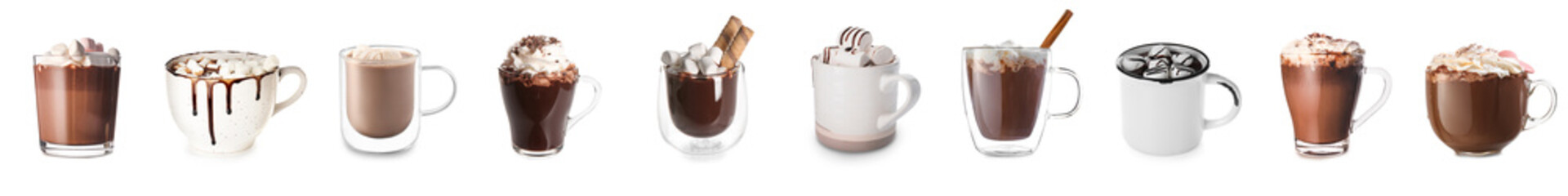Set of tasty hot chocolate with marshmallows and whipped cream on white background
