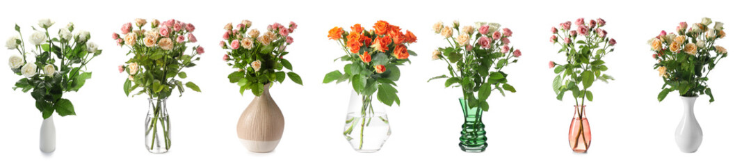 Vases with bouquets of beautiful roses isolated on white