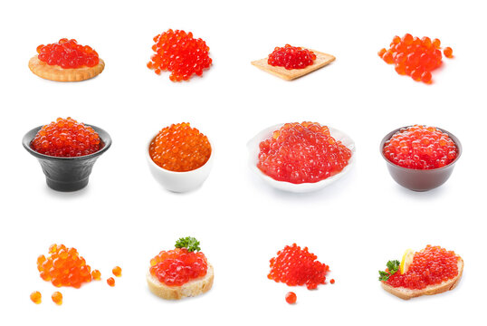 Set Of Delicious Red Caviar On White Background