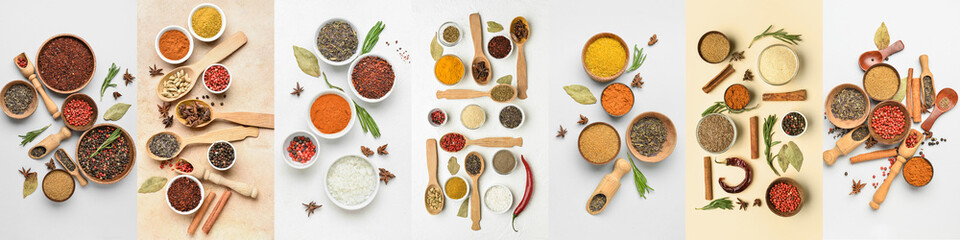 Assortment of aromatic spices on light background, top view - obrazy, fototapety, plakaty