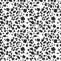 Dalmatian seamless pattern. Animal skin print. Dog and cow black dots on white background. Vector