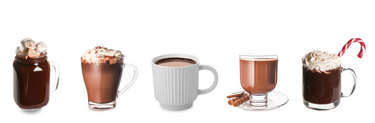 Set of tasty hot chocolate with marshmallows and whipped cream on white background