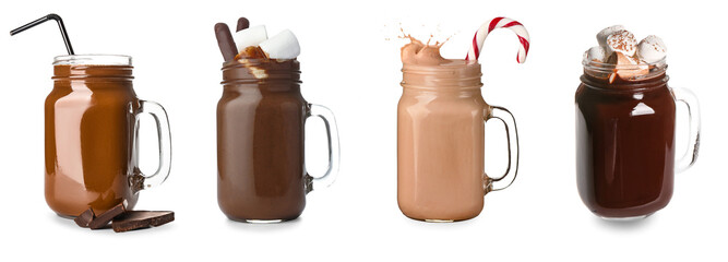 Mason jars of tasty hot chocolate on white background