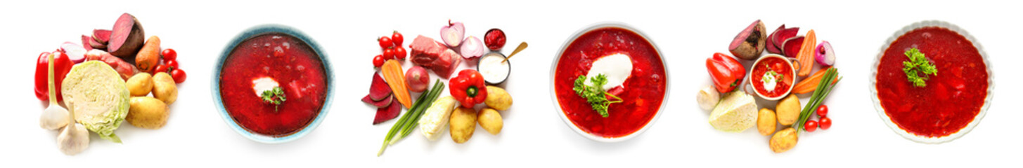 Bowls of tasty Ukrainian borscht with ingredients on white background