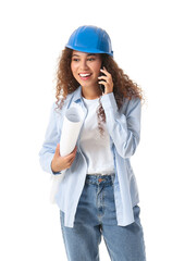 Young female designer with drawings talking by mobile phone on white background